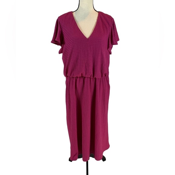 London Times V-Neck Flutter Short Sleeve Elastic Waist Tie Back Midi Dress - XL - Picture 1 of 8